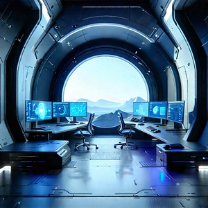 (futuristic:1.13) (digital:1.2) Workspace With Futuristic Setting,