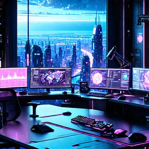 Futuristic Digital Workspace With Futuristic Computer