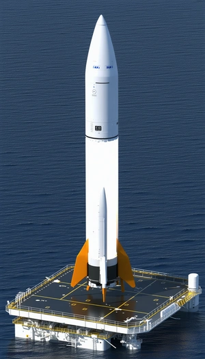 A Large White Rocket Ship, Possibly A Space Shuttle, Sitting On A Platform In The Ocean