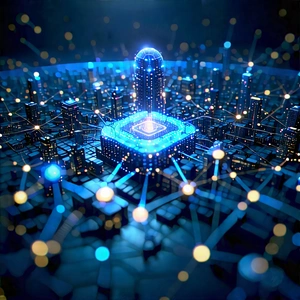 Blockchain Network Visualization With Futuristic Cityscape