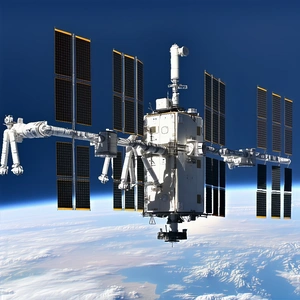 A Large Spacecraft With A White And Yellow Exterior, Floating In The Sky