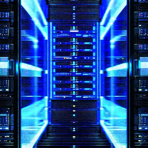 Server rack with blue light glow