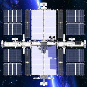 A Large Space Station With A White And Blue Color Scheme