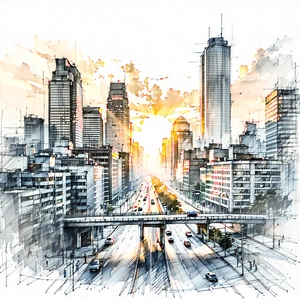 Urban Pencil Sketch: Cityscape Of Downtown District During (sunset:1.35) With Black White