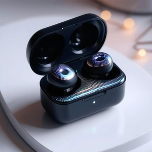 A small black box with two earphones in it is sitting on a white ta...