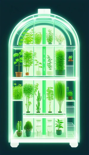 In The Image, There Is A Large Display Case Filled With A Variety Of Plants
