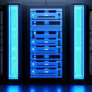 Server rack with blue light (glow:1.31)