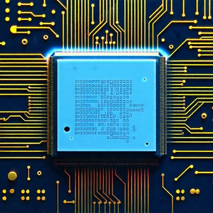 Tech Professional Photography: Microchip with data streams