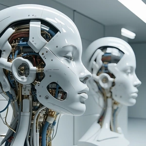 In the image, there are two white robotic heads with a blue wire ru...