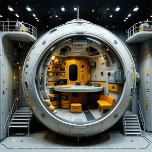 A Futuristic Space Station With A Large, Round, White Room At Its Center
