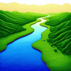 Nature Linocut Print: Aerial View Of Winding River With Painting River