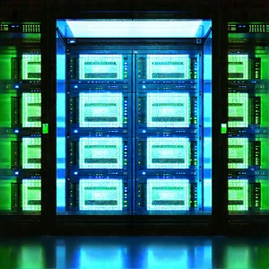 Server rack with blue light glow