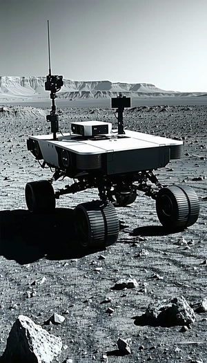 A White Robotic Vehicle, Possibly A Rover, Sitting On A Rocky Surface