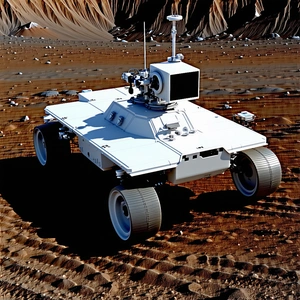 A White Robotic Vehicle, Possibly A Rover, Parked On A Dirt Surface
