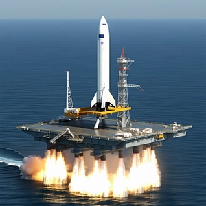 A Large Rocket Ship Floating On Top Of A Platform In The Ocean