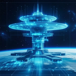 A Futuristic Space Station With A Large, Circular Structure At Its Center
