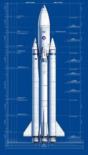 A Large White Rocket Is Shown In A Blue Background