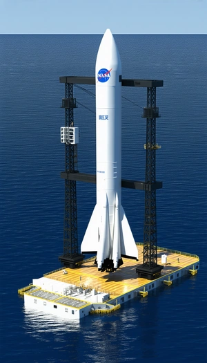 A Large White Rocket Ship Is Docked On A Yellow Platform In The Ocean