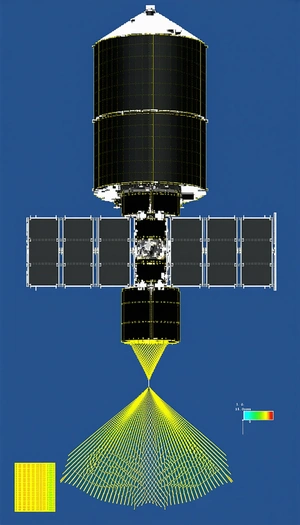 A Spacecraft With A Large Satellite Dish On Its Side