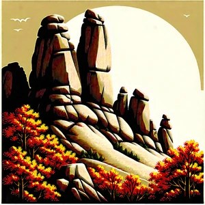 Nature Linocut Print: Rock Formation In Autumn Colors With Painting Rocky