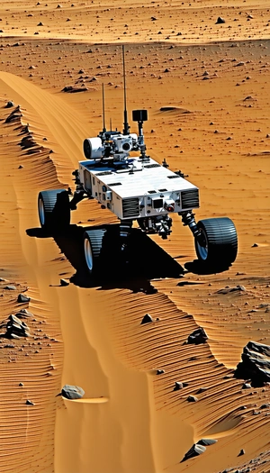 A White Robotic Vehicle, Possibly A Rover, Driving Across A Sandy Terrain