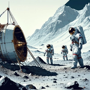 In The Image, There Are Three Astronauts Standing On A Rocky Surface, Possibly On The Moon