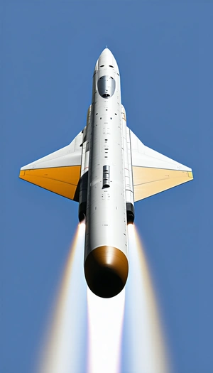 A White And Yellow Rocket Is Flying Through The Sky