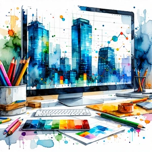 Tech Watercolor Painting: Financial Technology In Tech Office With Computer Monitor