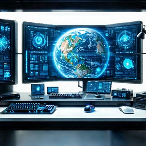 (futuristic:1.12) Digital Workspace With Computer Desk