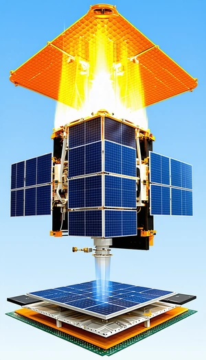 A Spacecraft Is Shown In A Close-up View, With Its Solar Panels Prominently Displayed