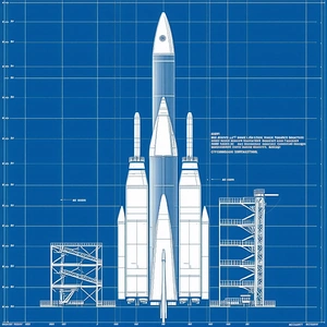 A Large Rocket Is Shown In A Blue Drawing, With A Smaller Rocket Next To It
