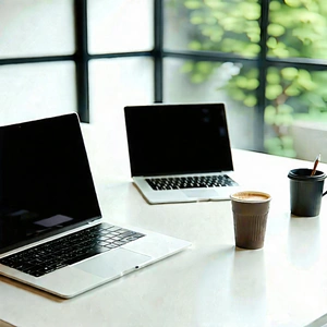 Business Abstract Design: Workplace with laptop and coffee on desk