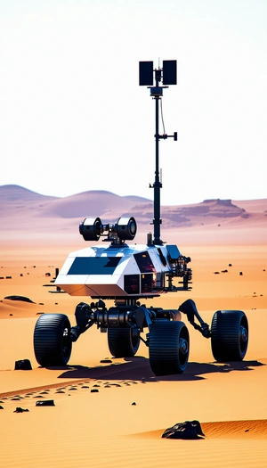 A Large Robotic Vehicle With Four Wheels, Standing In A Desert-like Environment