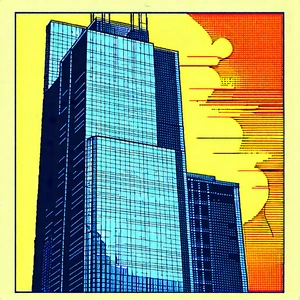 Urban Linocut Print: Skyscraper With Reflective Glass With Large, Tall