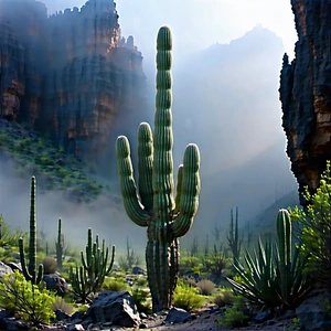 Nature Concept Art: Cactus In Misty Environment With Large Cactus