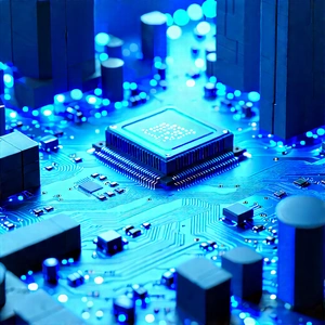 Circuit board with blue light (glow:1.19)