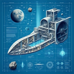 The Image Is A Blueprint Of A Futuristic Spacecraft, Which Appears To Be A Large