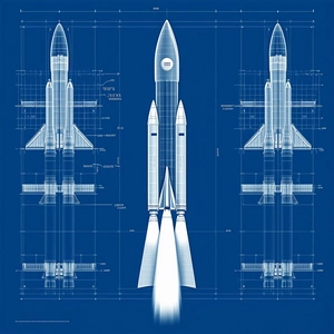 A Blue Drawing Of A Rocket Is Shown, With The Rocket Being The Main Focus