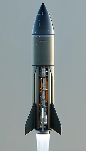 A Large Rocket Is Shown In A Close-up View, With Its Engine And Fuel System Visible