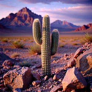 Nature Editorial Photography: Cactus In Rocky Terrain With Cactus Plant