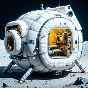 A Large White Spacecraft With A Round Shape, Sitting On A Rocky Surface
