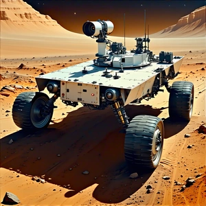 A Futuristic Vehicle Is Parked On A Rocky Surface, Possibly On Mars