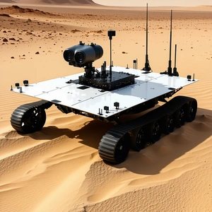 A Large, White, And Black Robotic Vehicle With A Gun Mounted On Top Of It