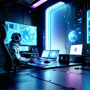 Futuristic Digital Workspace With Image, There