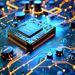 Circuit Board With Data Streams With Close-up Computer