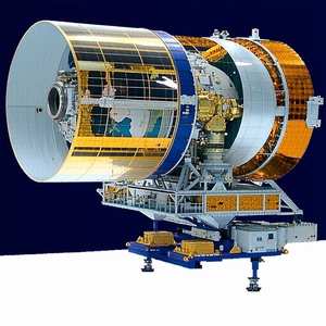 A Large Spacecraft Is Shown In A Blue And White Color Scheme