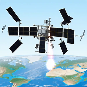 A Spacecraft With A Large Satellite Dish On Its Side, Flying Over A Blue And White Earth