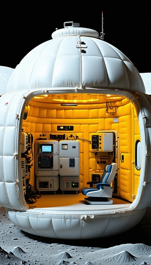 In The Image, There Is A Small, White, And Yellow Spacecraft With A Blue Chair Inside