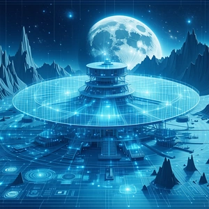 A Futuristic City With A Large, Blue, Circular Building At Its Center