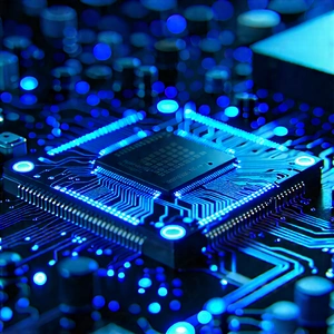 Circuit Board With Blue Light Glow With Close-up Computer